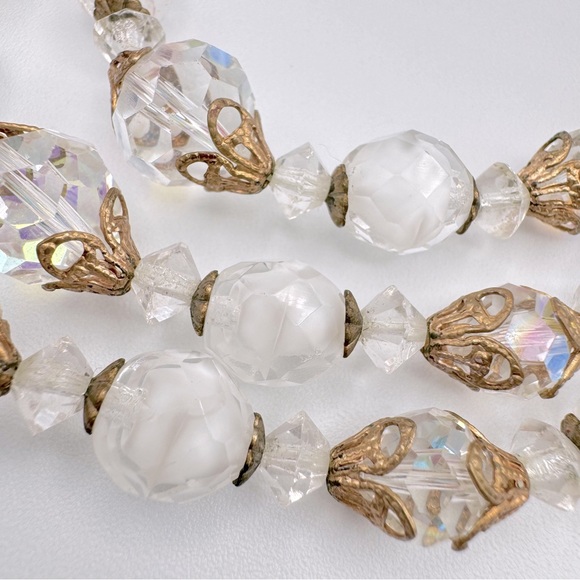 Vintage Givre Glass AB Crystal Bead Triple Strand Necklace Filigree Romantic - Picture 10 of 15